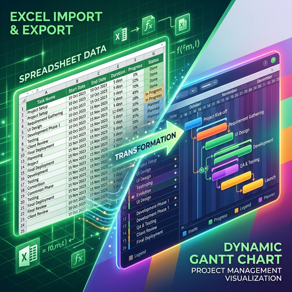 Graphic of an Excel grid transforming into a colorful Gantt chart