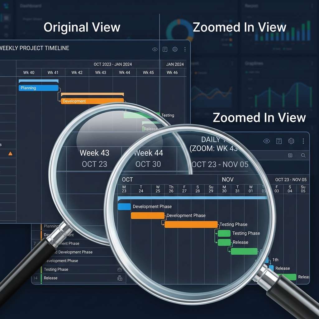 Graphic of magnifying glass zooming in/out on timeline